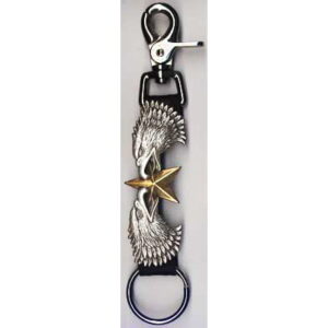 Eagle & Star Leather Key Chain with 2 Chrome Eagles and Gold Star