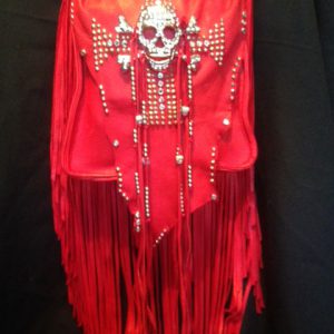 Jolly Roger red fringed deerskin handbag with studded cross skull - Front