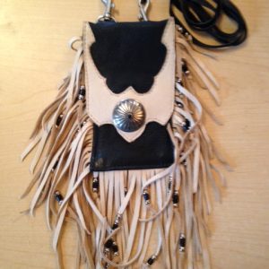 Mercury cell phone case bag fringed soft black and bone deerskin
