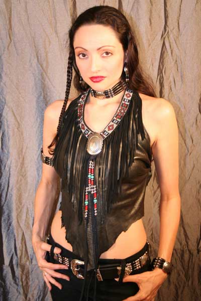 Redbone Women's Deerskin Fringed Black Leather Halter Top