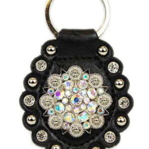 Round on Black Leather Rhinestone Bling Key Chain with Studs