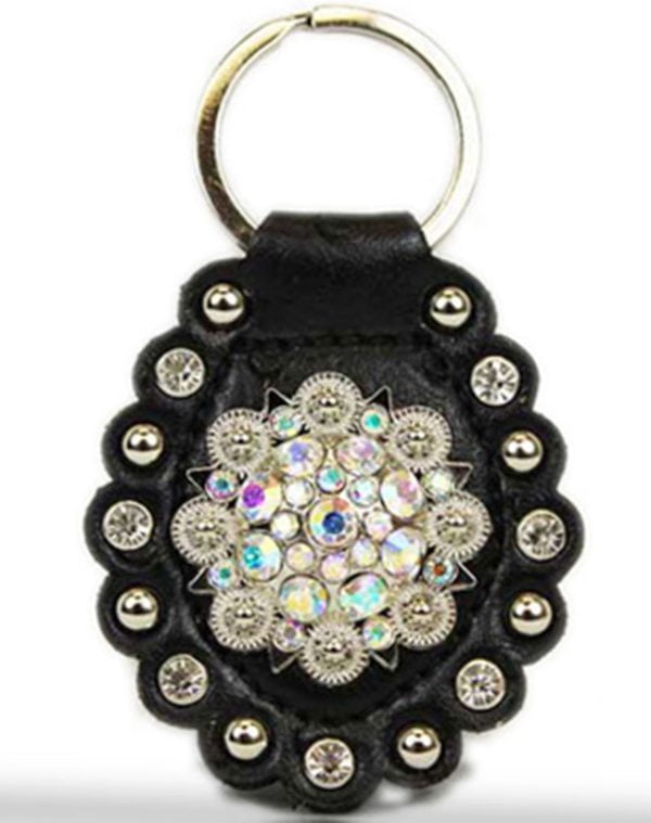 Round on Black Leather Rhinestone Bling Key Chain with Studs
