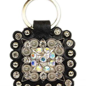 Square on Black Leather Rhinestone Bling Key Chain with Studs