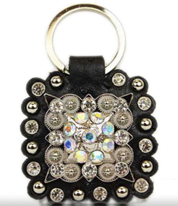 Square on Black Leather Rhinestone Bling Key Chain with Studs