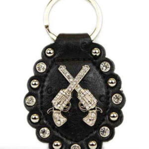 Double Pistol on Black Leather Rhinestone Bling Key Chain