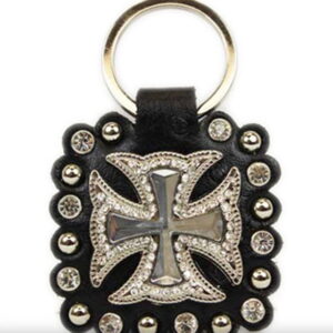 Maltese Cross on Black Leather Rhinestone Bling Key Chain w/Studs