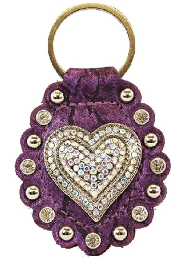 Heart on Purple Leather Rhinestone Bling Key Chain with Studs