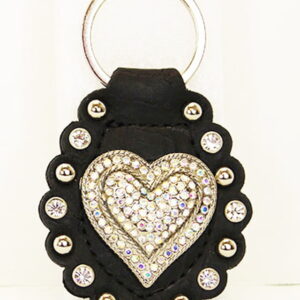 Heart on Black Leather Rhinestone Bling Key Chain with Studs