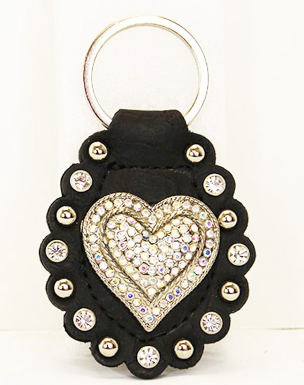 Heart on Black Leather Rhinestone Bling Key Chain with Studs