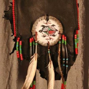 Turtle Shield Pouch Bag with Beaded Fringes and Feathers