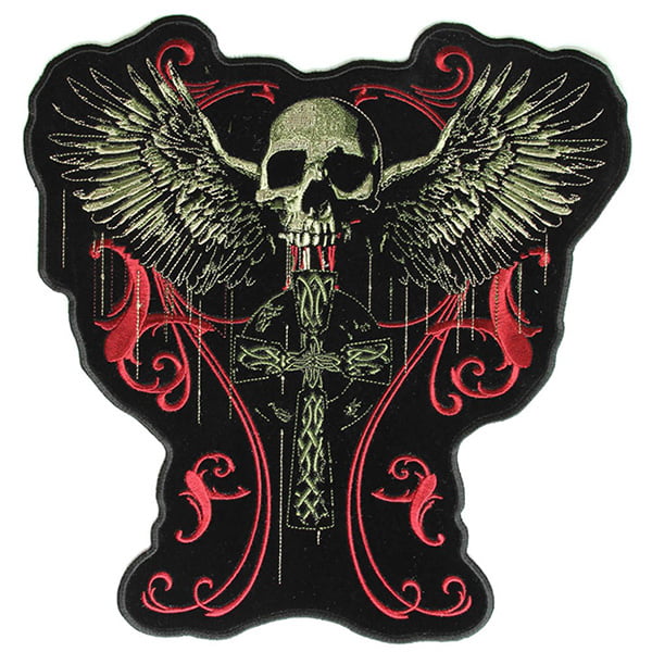 Flying Skull Gothic Cross Patch Embroidered skull patch heat seal backing