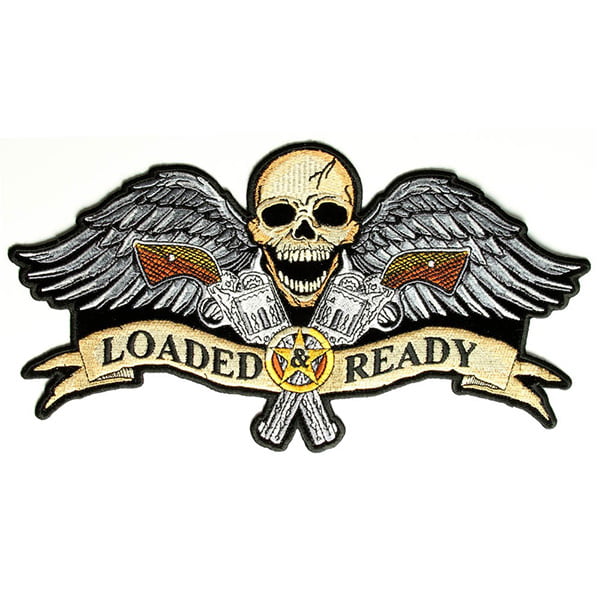 Loaded and Ready Patch Embroidered skull patch heat seal backing