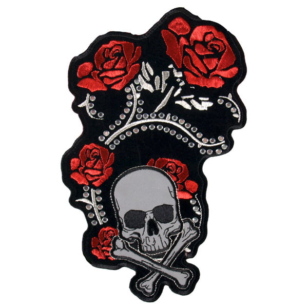 Red Foil Roses & Skull Patch Embroidered skull patch heat seal backing