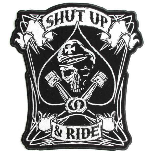 Shut Up and Ride Patch Embroidered skull patch heat seal backing