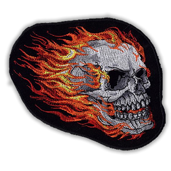 Skull On Fire Patch Embroidered biker patch heat seal backing