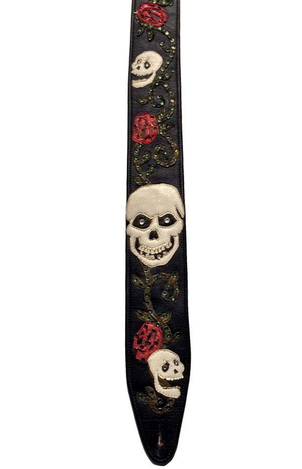 Not Fade Away Skull and Roses Stud Leather Guitar Strap with Swarovski Crystals